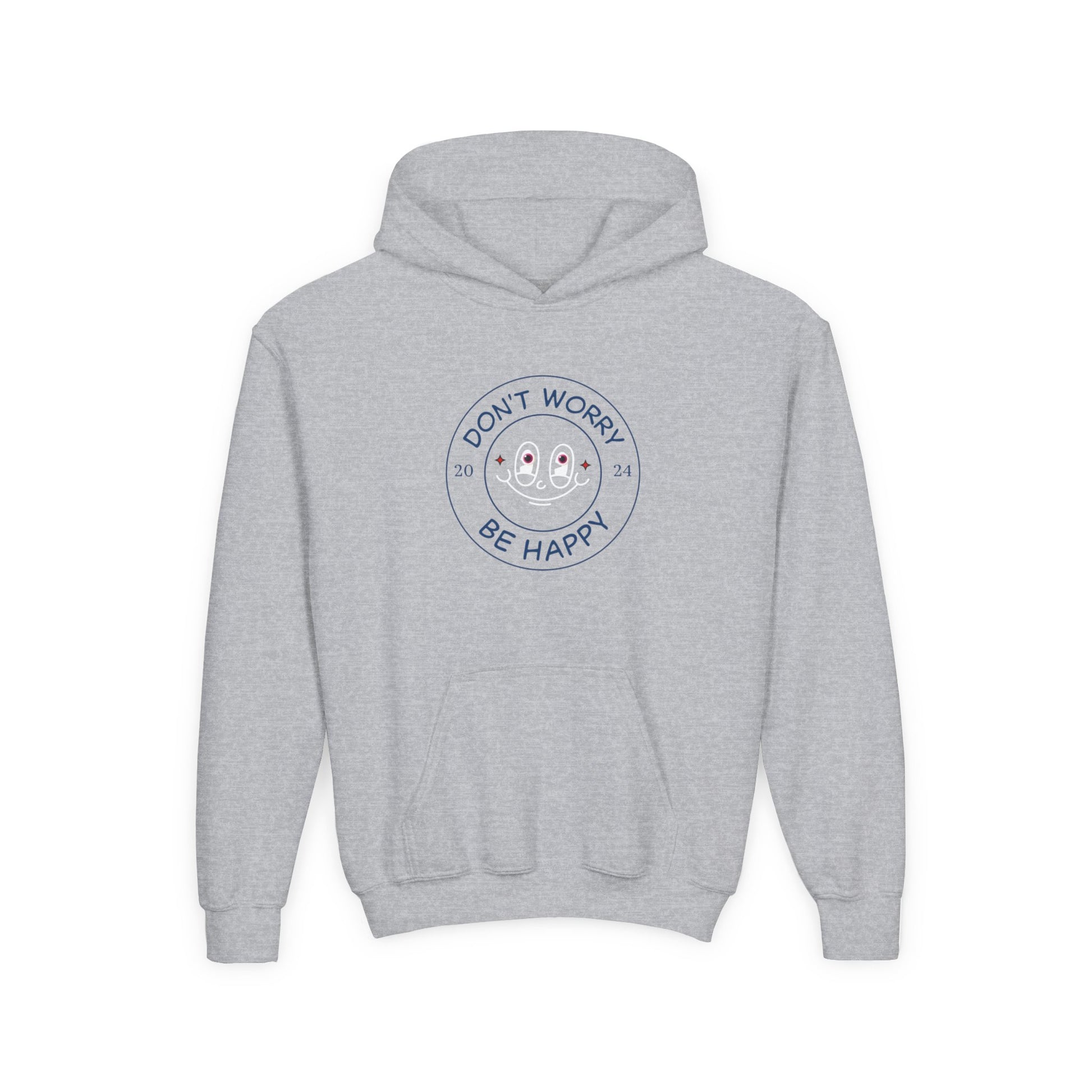 Gray kids hoodie with a smiling ghost design and text don’t worry be happy hoodie printed on front