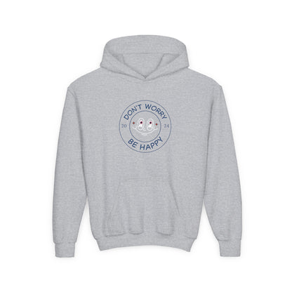 Gray kids hoodie with a smiling ghost design and text don’t worry be happy hoodie printed on front