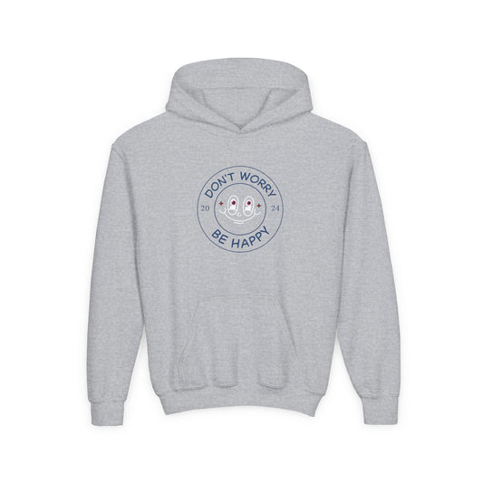 Gray kids hoodie with a smiling ghost design and text don’t worry be happy hoodie printed on front