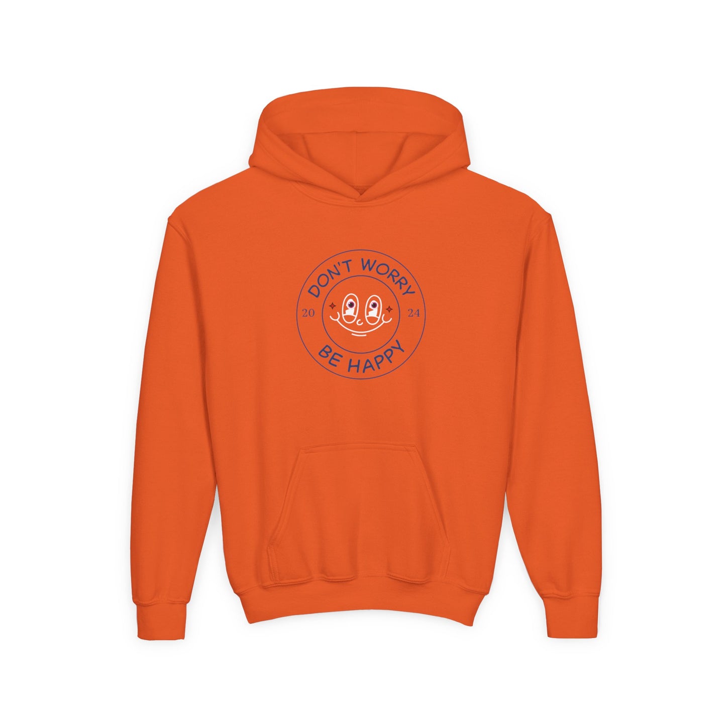 Orange kids don’t worry be happy hoodie with smiley face graphic by Printify