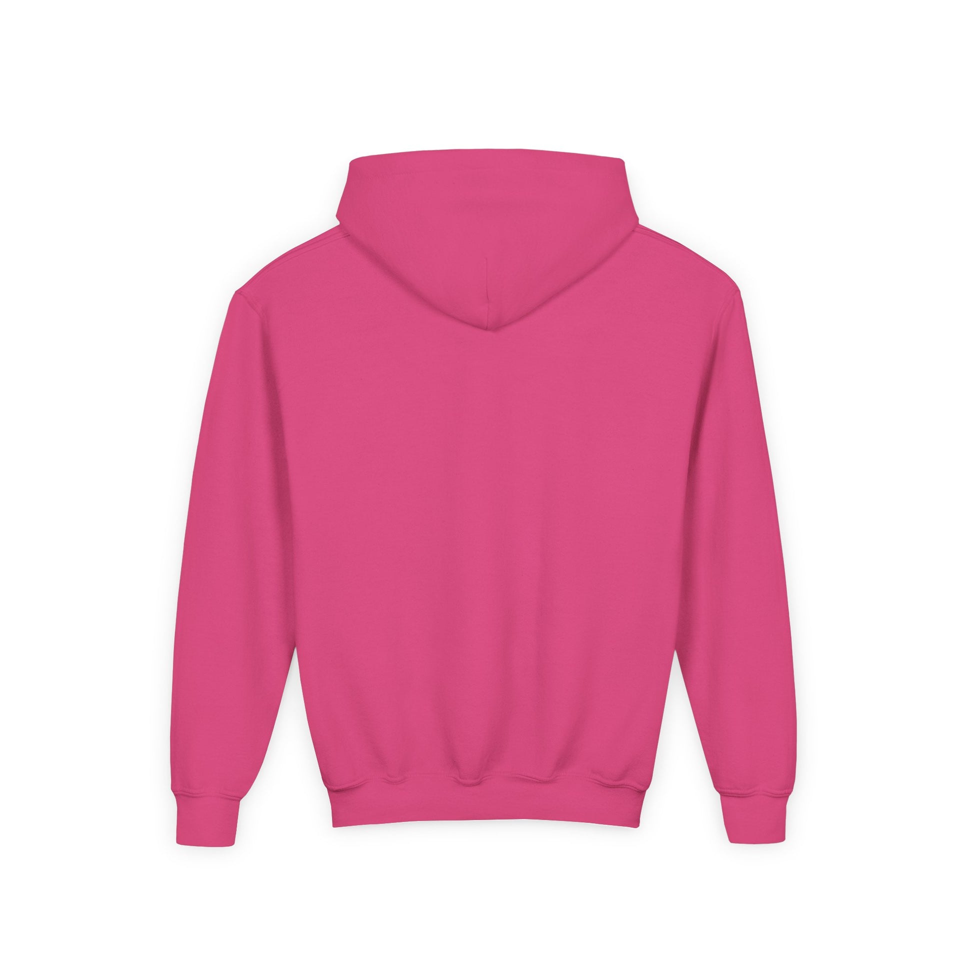 Back view of pink kids don’t worry be happy hoodie by Printify with long sleeves and hood