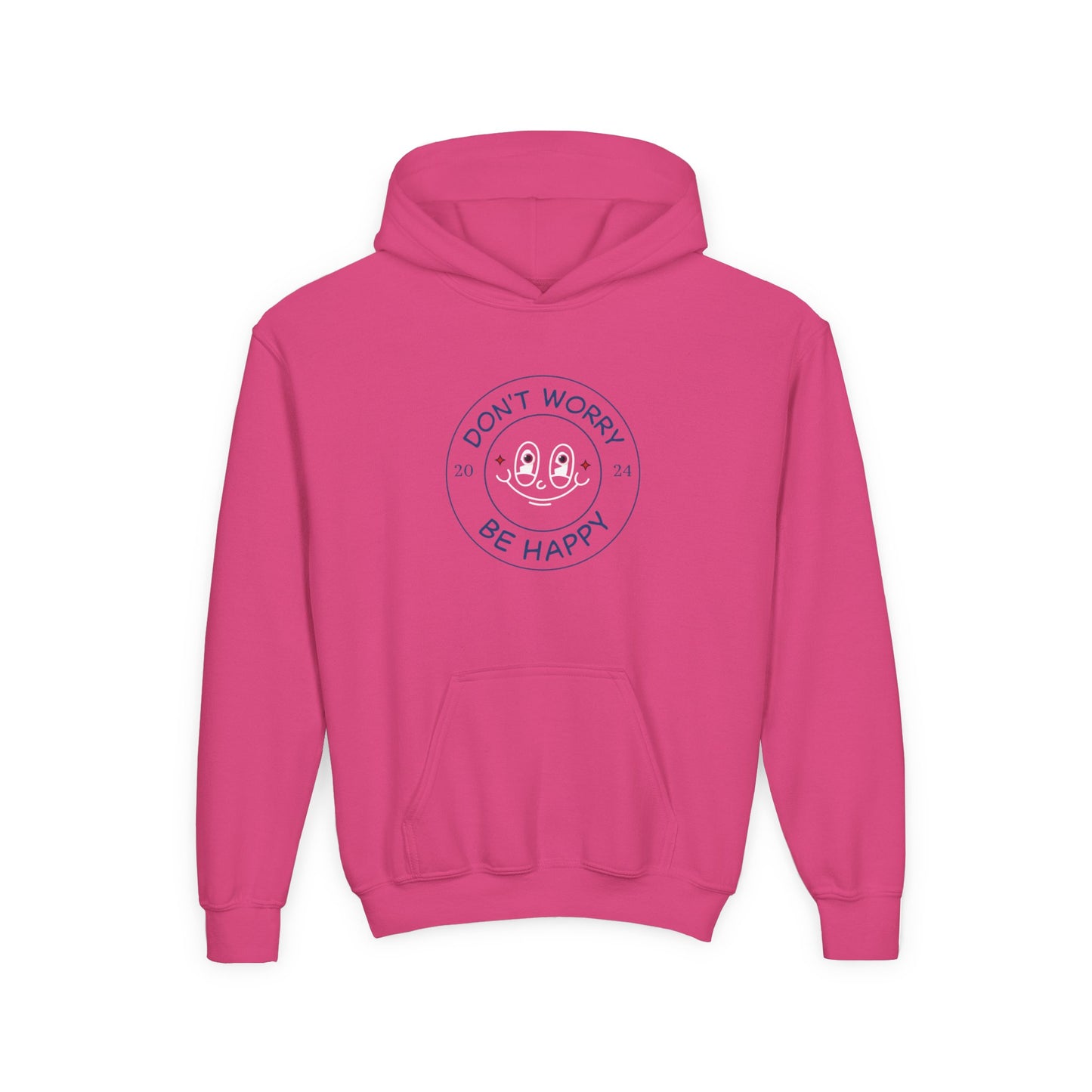 Pink kids don’t worry be happy hoodie with smiley face graphic by Printify
