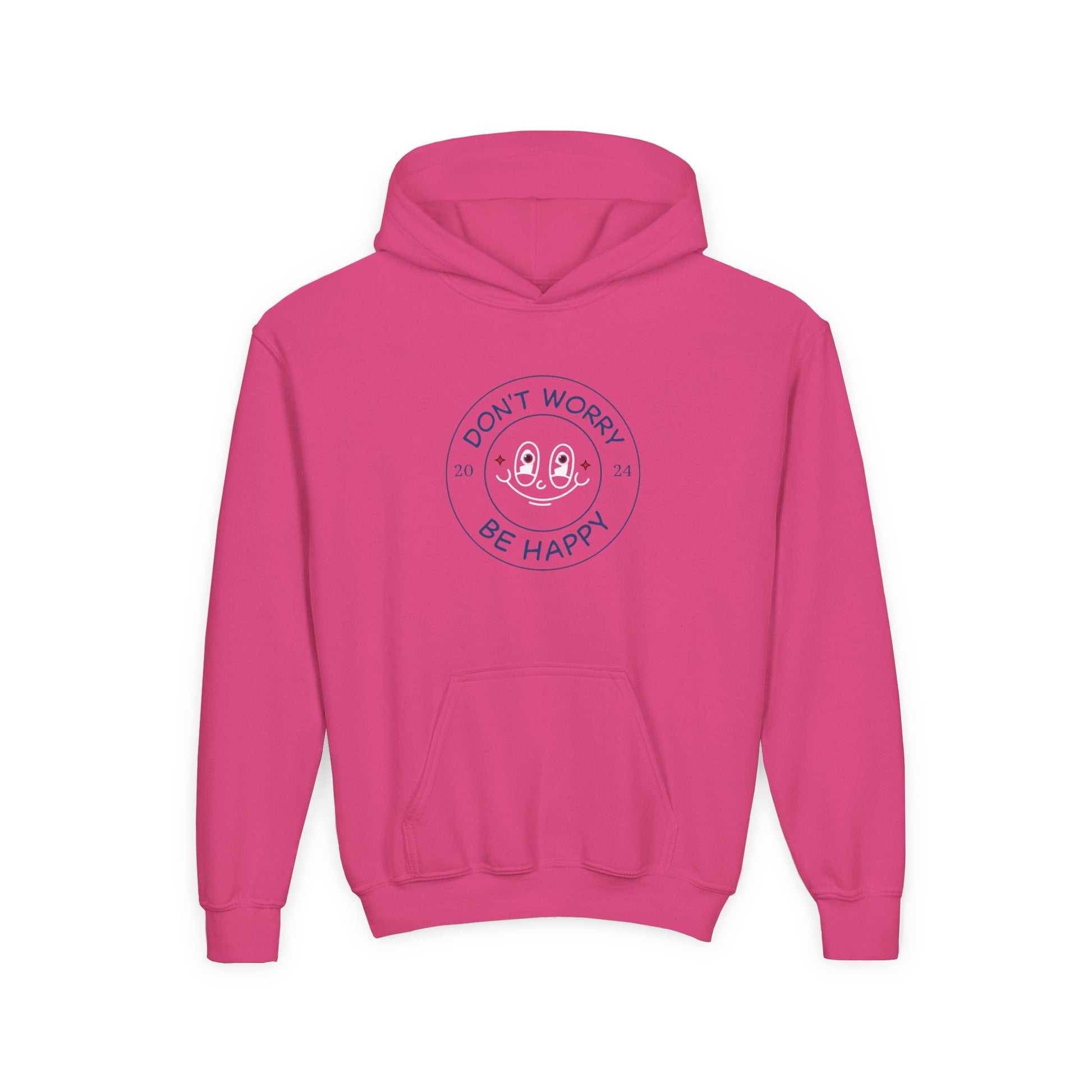 Pink kids don’t worry be happy hoodie with smiley face graphic by Printify
