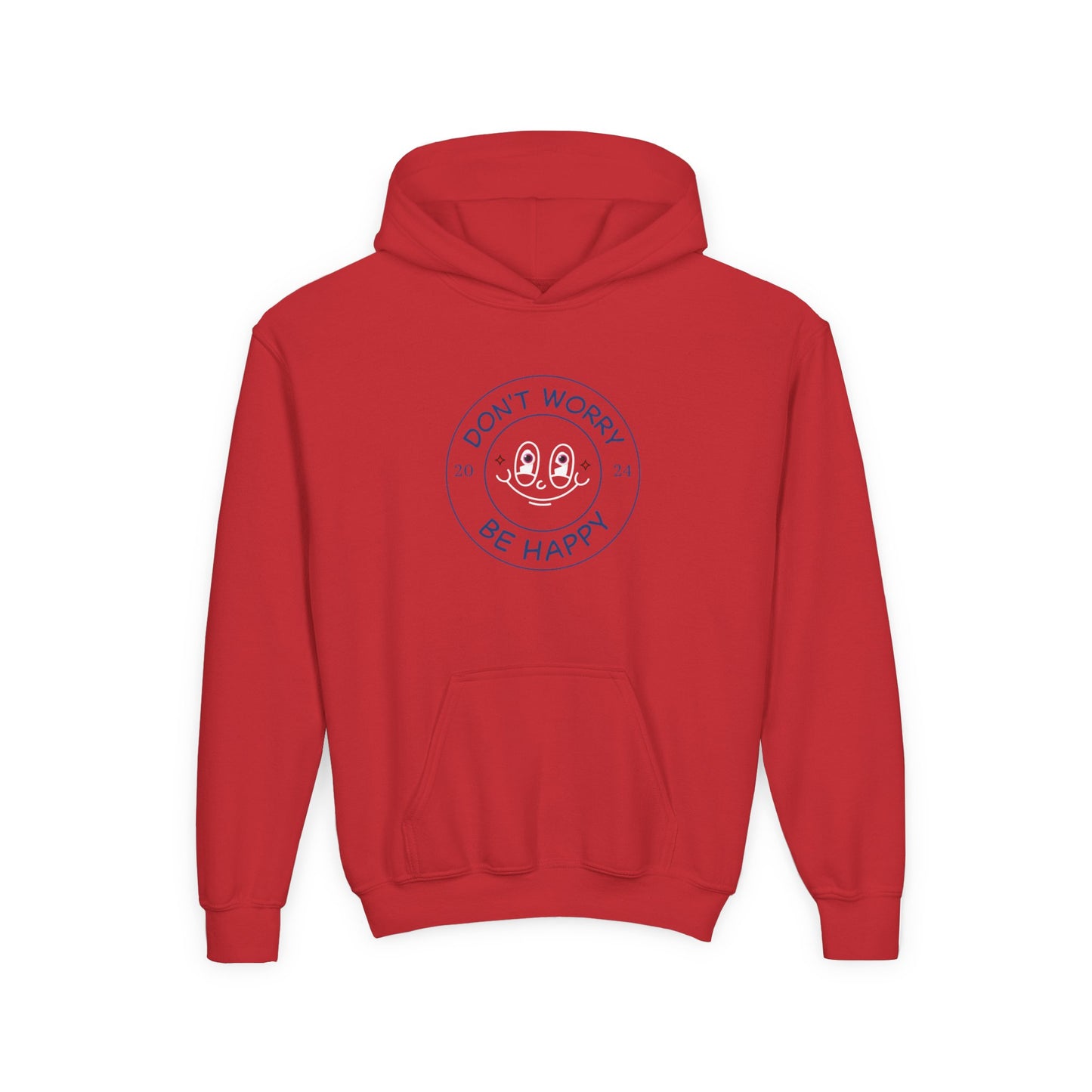 Red kids don’t worry be happy hoodie with front pocket and playful graphic design