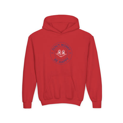 Red kids don’t worry be happy hoodie with front pocket and playful graphic design