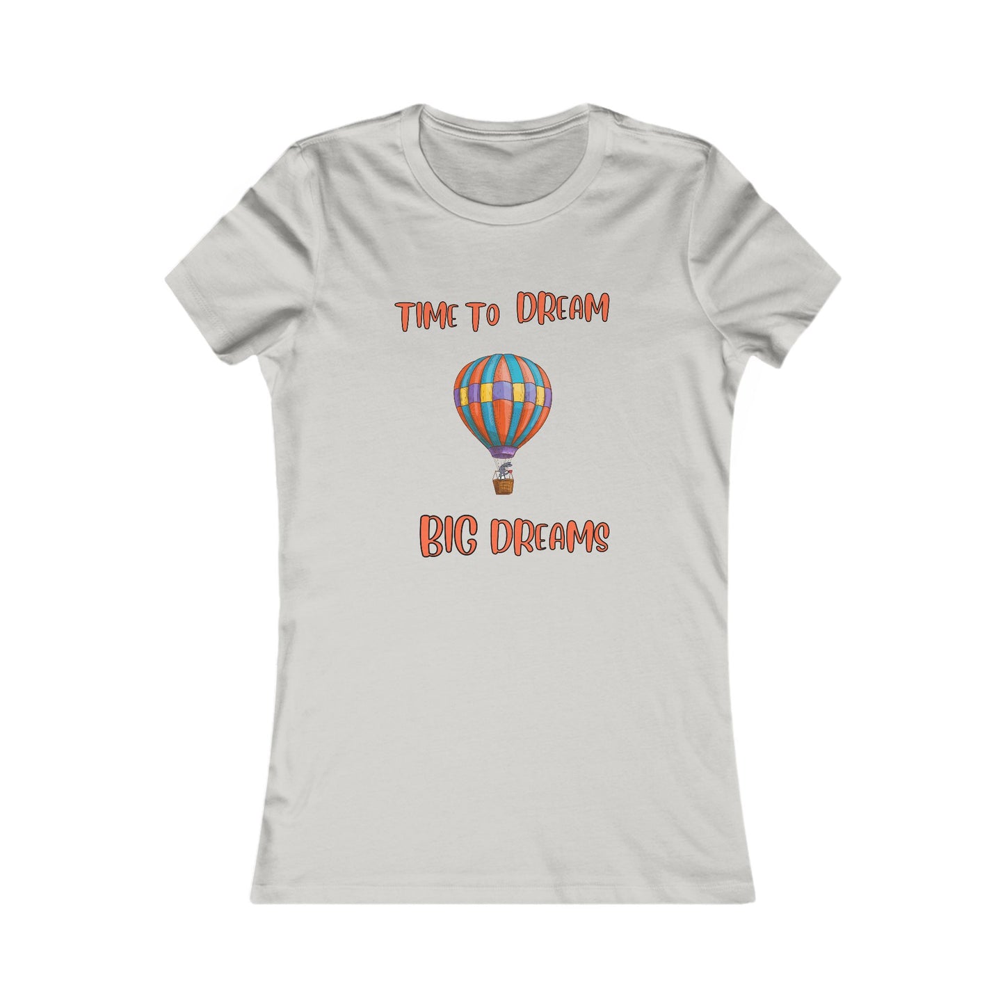 Printify dream big t-shirt with colorful hot air balloon and motivational text on light gray fabric