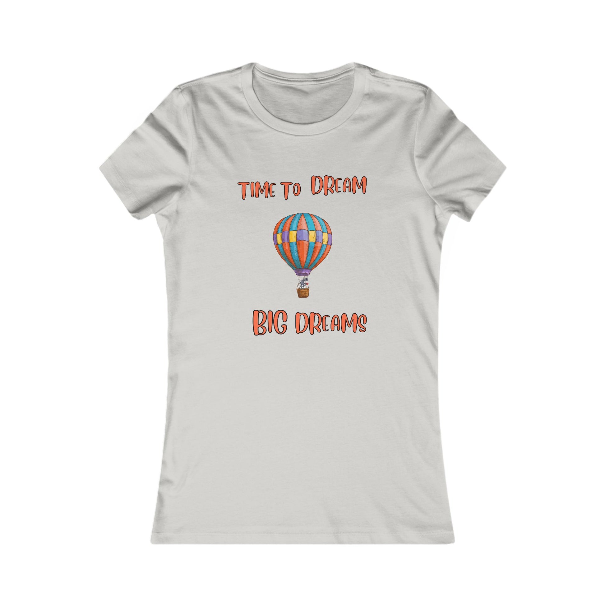 Printify dream big t-shirt with colorful hot air balloon and motivational text on light gray fabric
