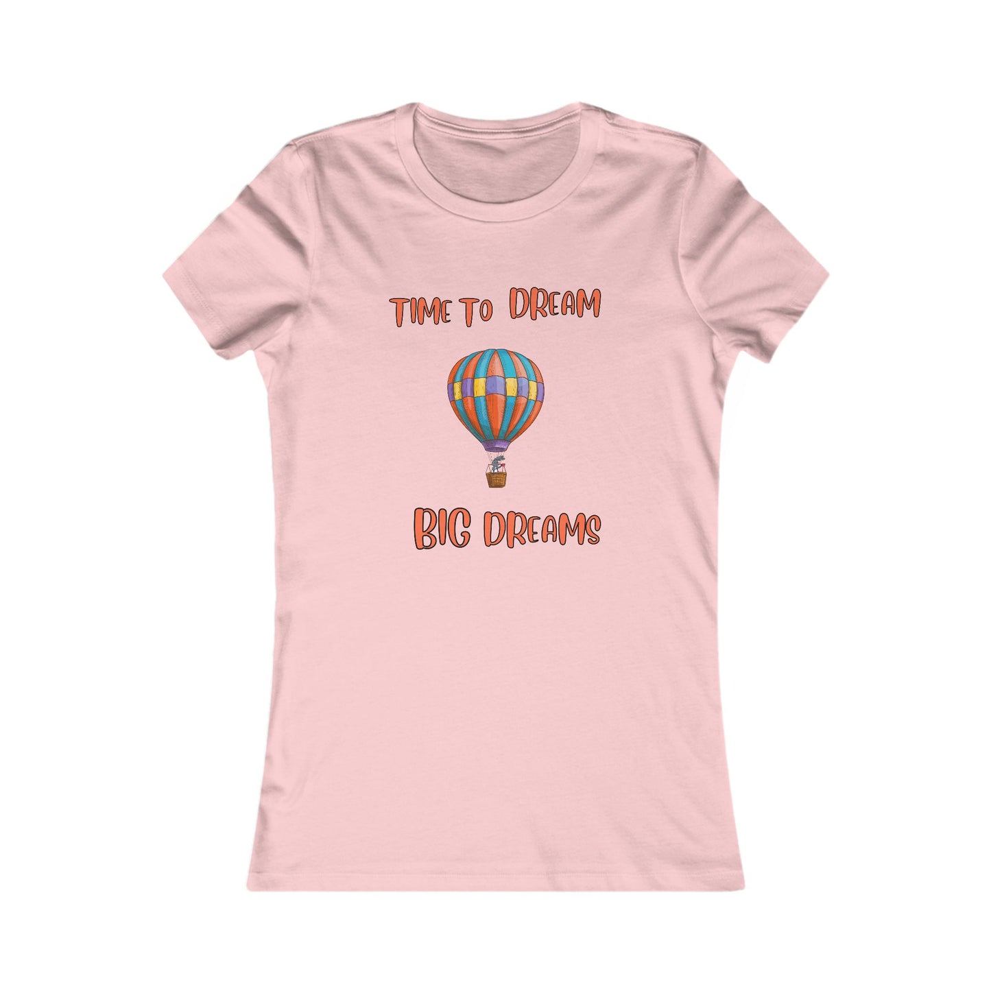 Pink Printify dream big t-shirt with colorful hot air balloon and motivational text design