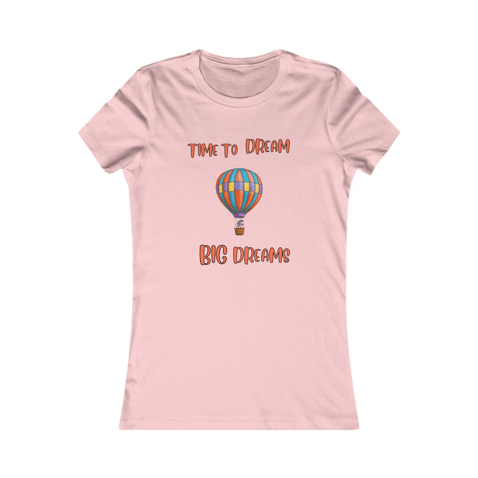 Pink Printify dream big t-shirt with colorful hot air balloon and motivational text design