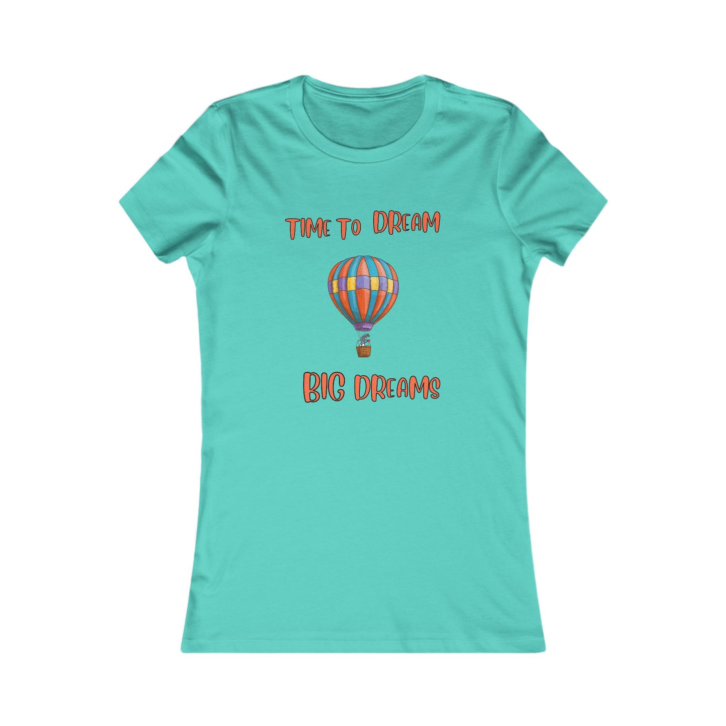 Printify turquoise dream big t-shirt with colorful hot air balloon and inspirational text design