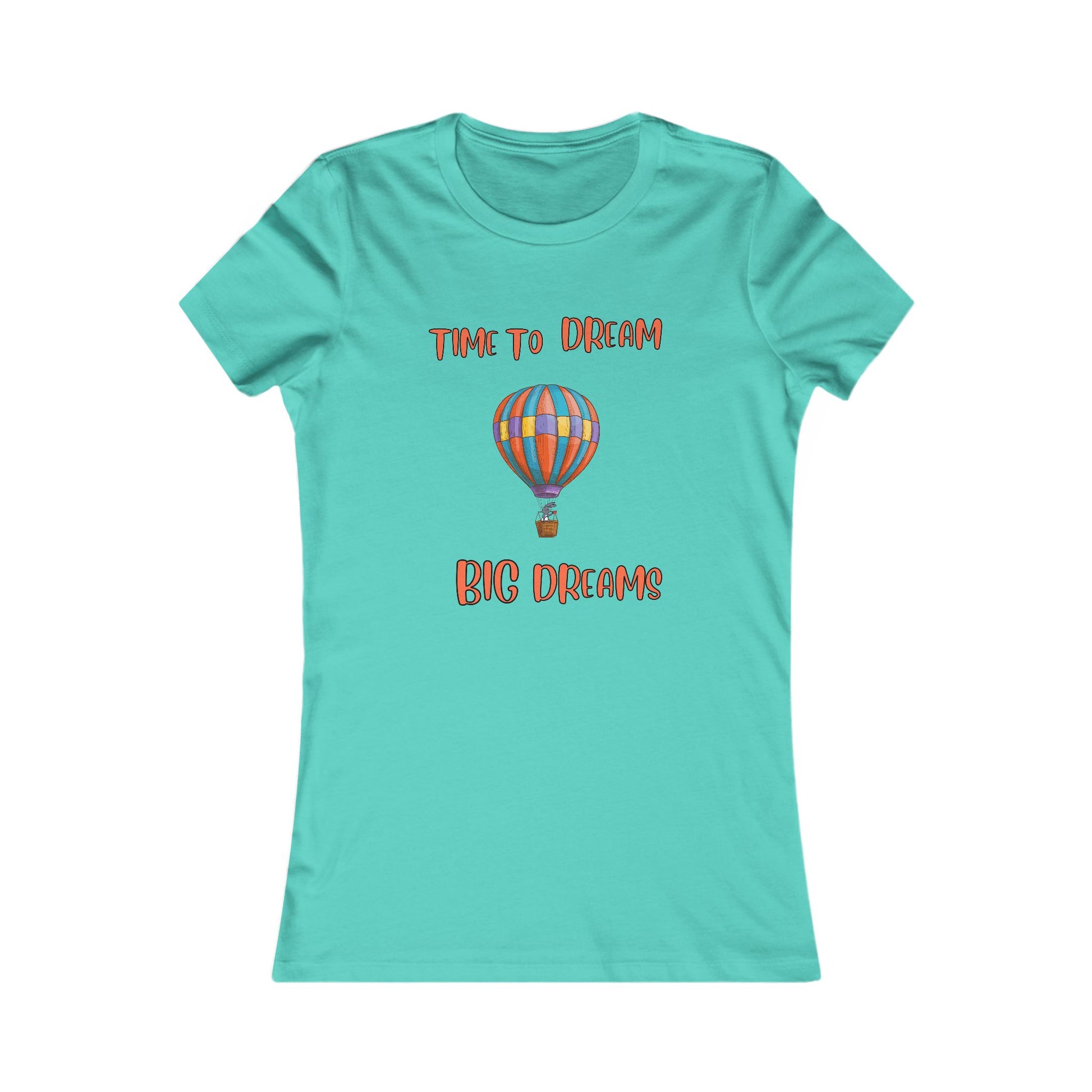 Printify turquoise dream big t-shirt with colorful hot air balloon and inspirational text design
