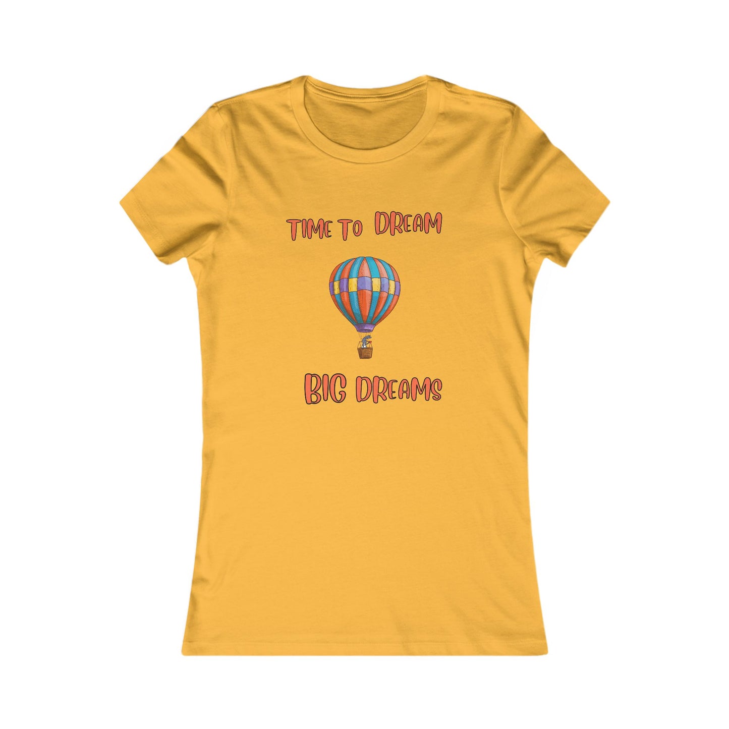Yellow Printify dream big t-shirt with hot air balloon graphic and motivational text design