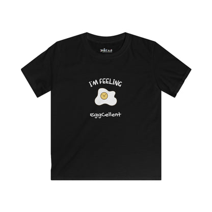 Printify black kids t-shirt with smiling fried egg graphic and I'm Feeling eggcellent kids tee text