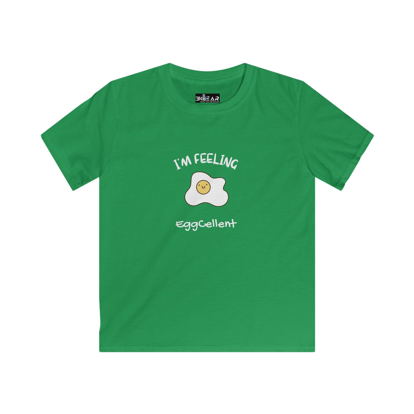 Green kids t-shirt with smiling fried egg graphic and text I'm feeling eggcellent kids tee by Printify