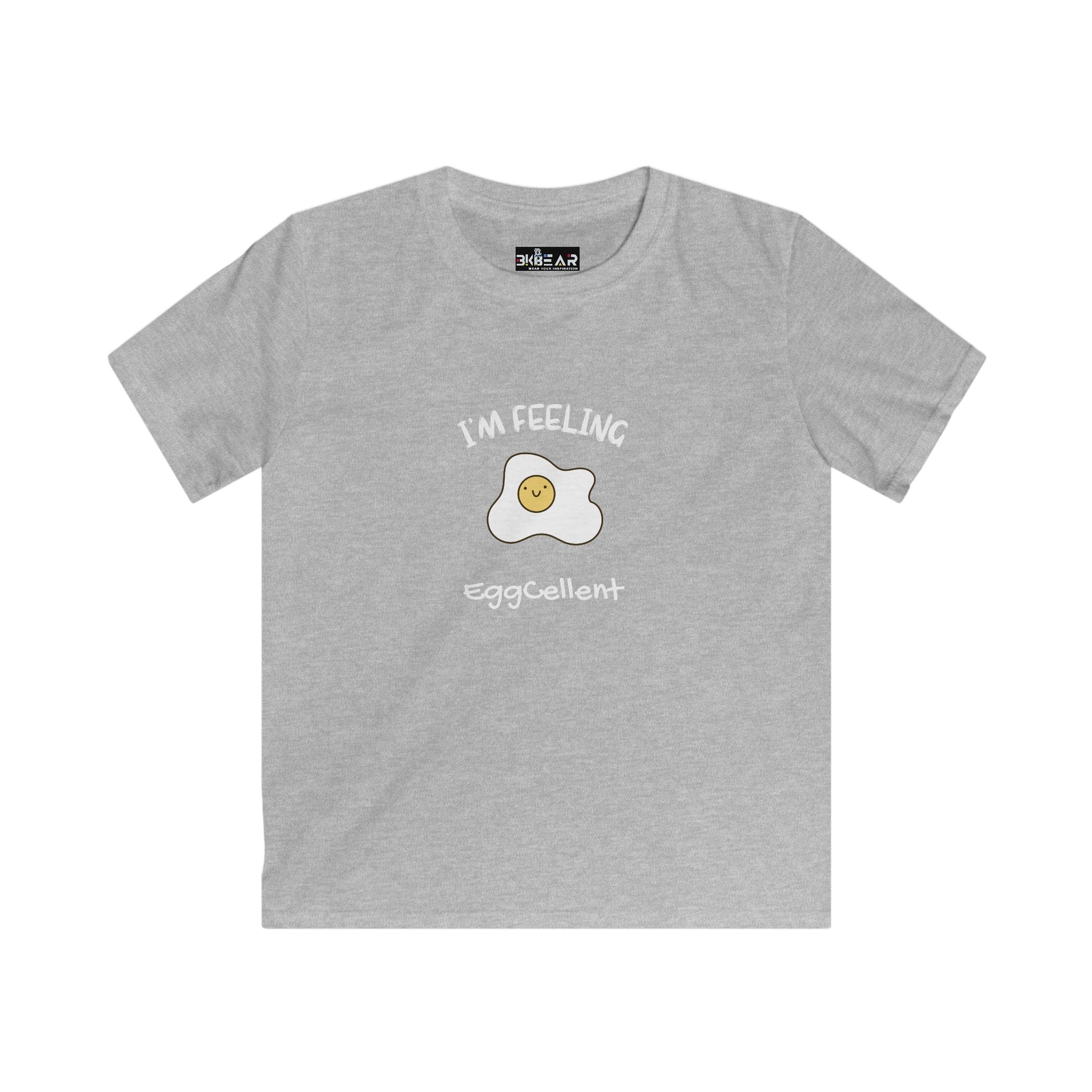 Gray kids t-shirt with smiling fried egg graphic and text I'm feeling eggcellent kids tee