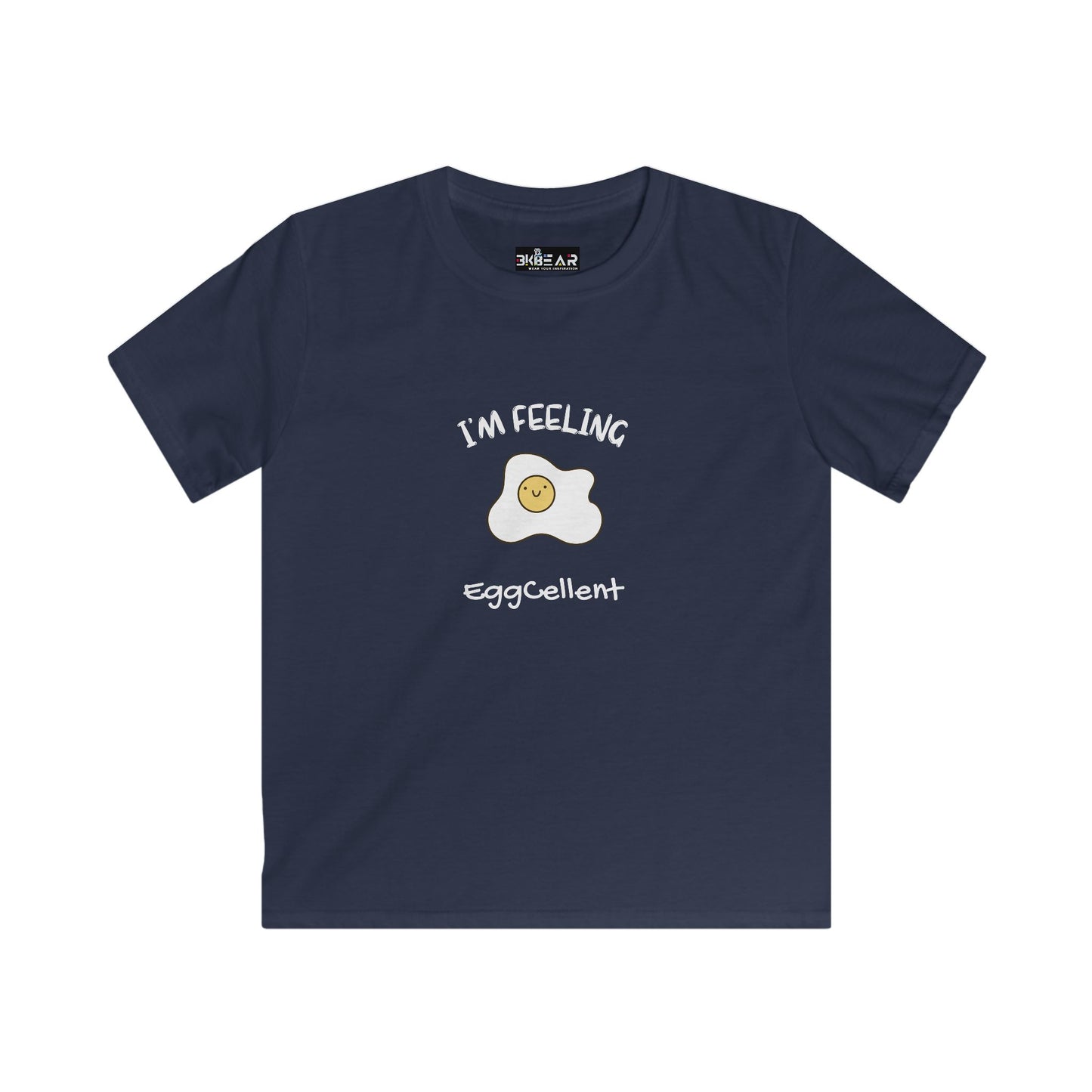 Navy blue kids shirt with I'm feeling eggcellent kids tee print featuring smiling fried egg graphic