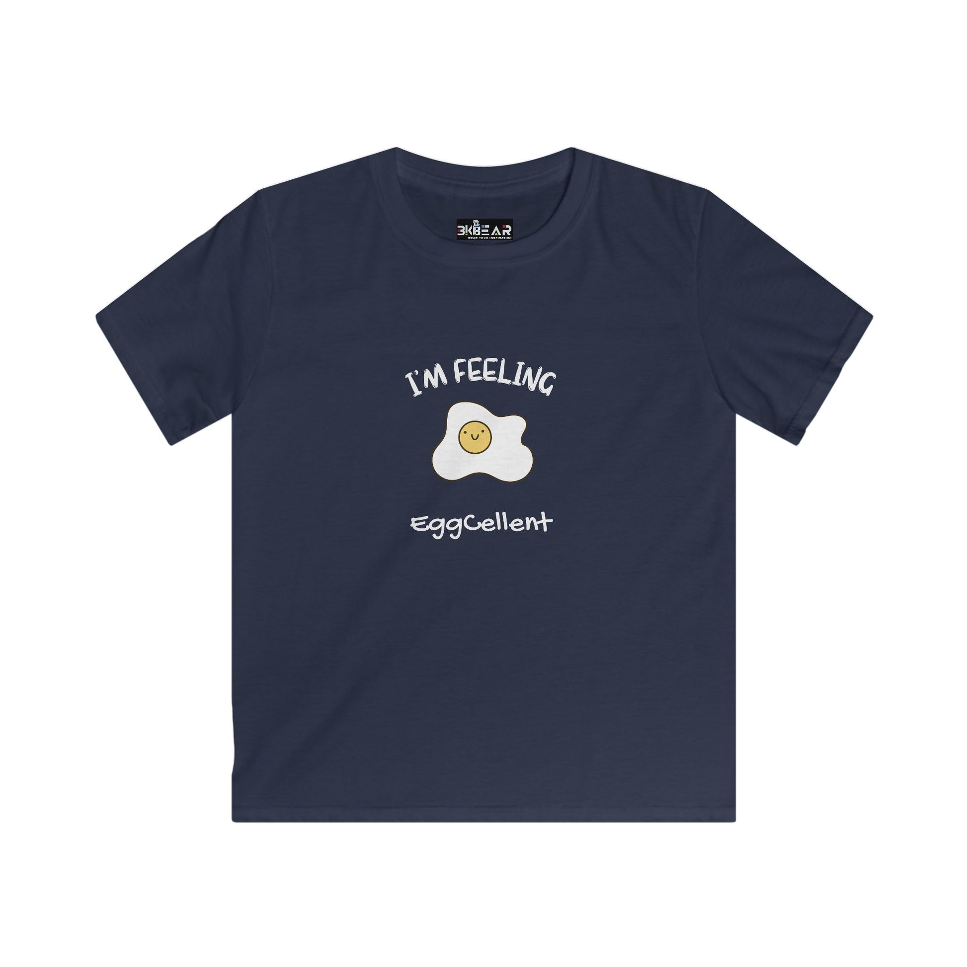 Navy blue kids shirt with I'm feeling eggcellent kids tee print featuring smiling fried egg graphic
