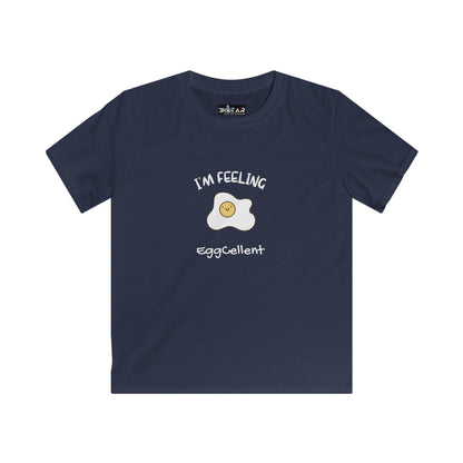 Navy blue kids shirt with I'm feeling eggcellent kids tee print featuring smiling fried egg graphic