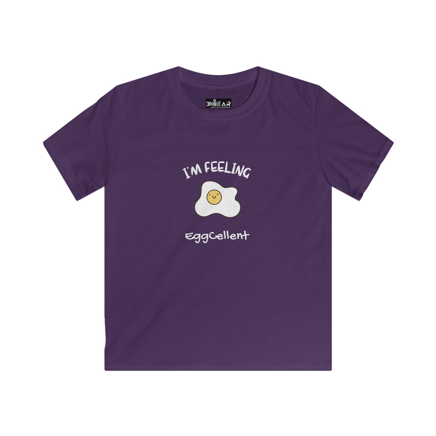 Purple kids t-shirt with smiling fried egg design and I’m feeling eggcellent kids tee text