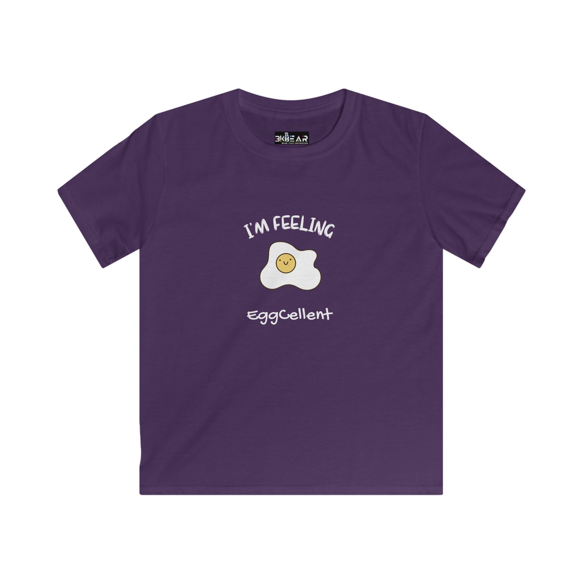 Purple kids t-shirt with smiling fried egg design and I’m feeling eggcellent kids tee text
