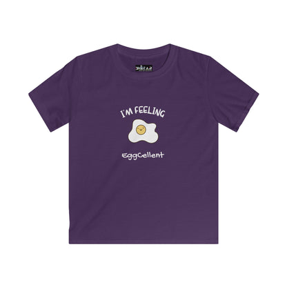 Purple kids t-shirt with smiling fried egg design and I’m feeling eggcellent kids tee text
