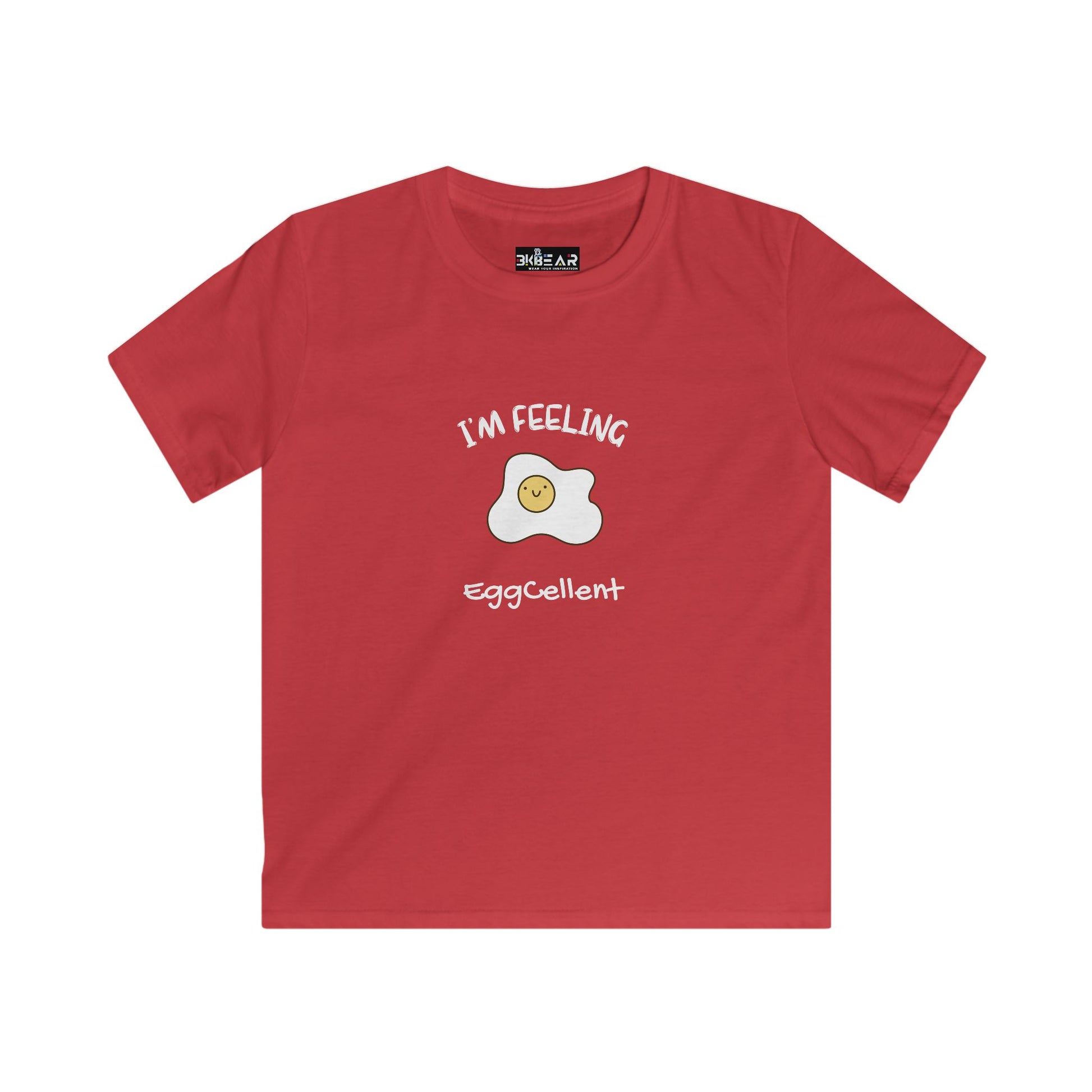 Red Printify kids t-shirt with smiling fried egg and I’m feeling eggcellent kids tee text