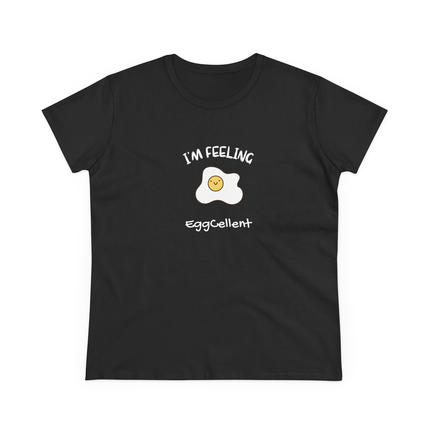 Black Printify T-Shirt with white fried egg and happy face design featuring eggcellent pun tee text