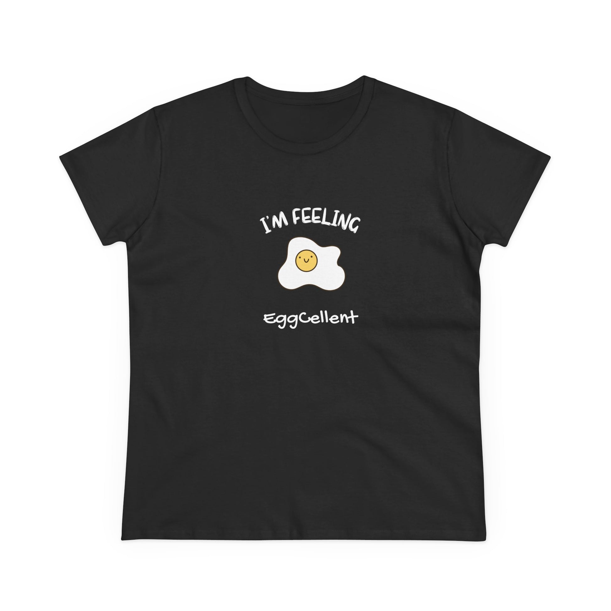 Black Printify T-Shirt with white fried egg and happy face design featuring eggcellent pun tee text