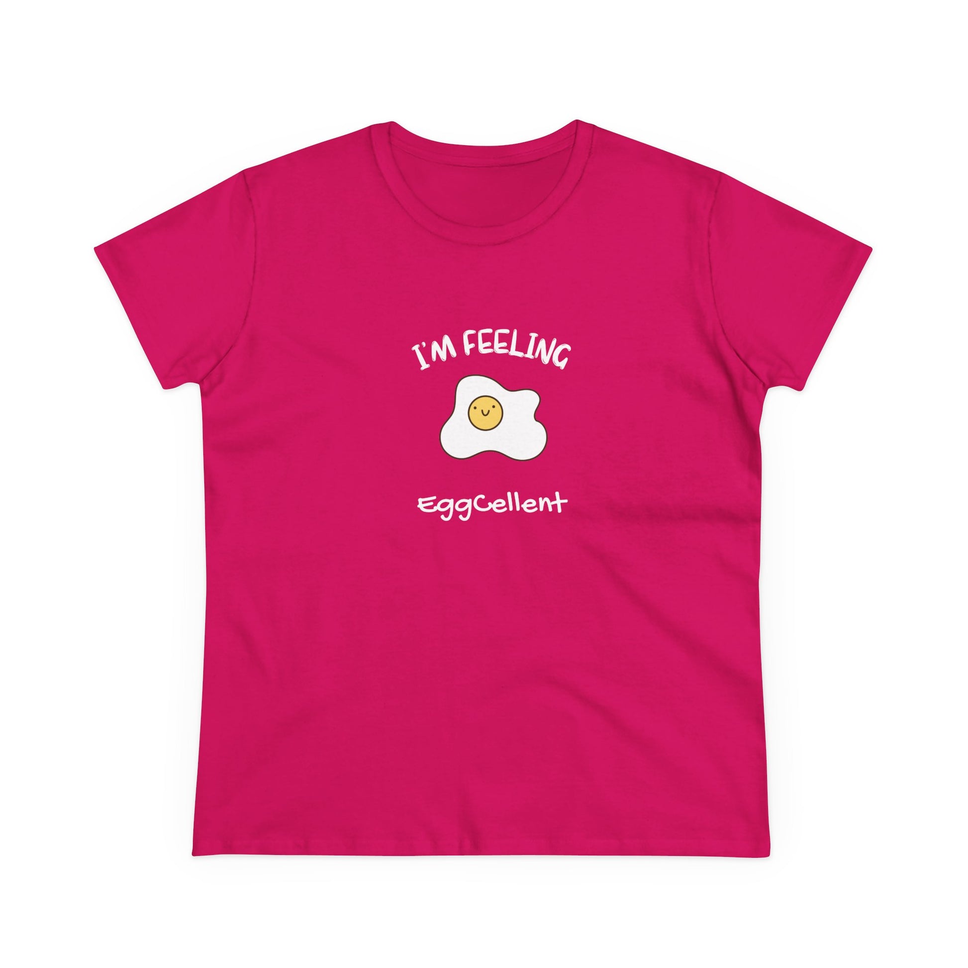 Pink T-shirt with a smiling fried egg graphic and text I'm Feeling eggcellent pun tee by Printify