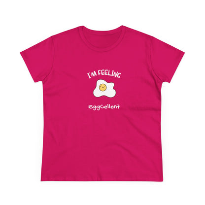 Pink T-shirt with a smiling fried egg graphic and text I'm Feeling eggcellent pun tee by Printify