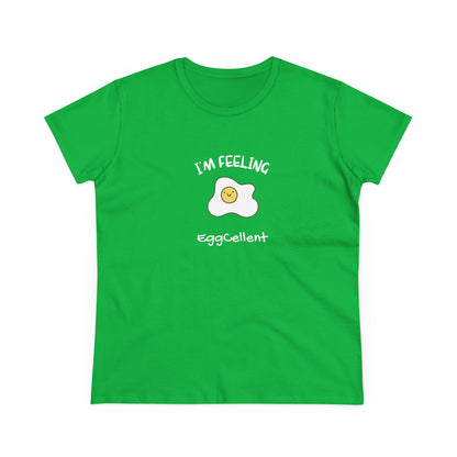 Green Printify T-shirt with funny fried egg design and I’m feeling eggcellent pun tee text