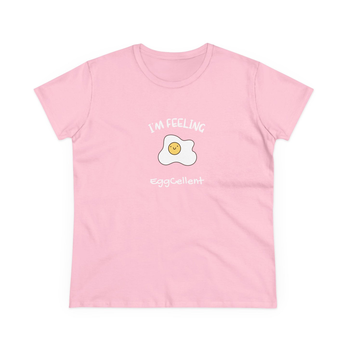 Pink Printify T-shirt with happy fried egg graphic and I'm feeling eggcellent pun tee text