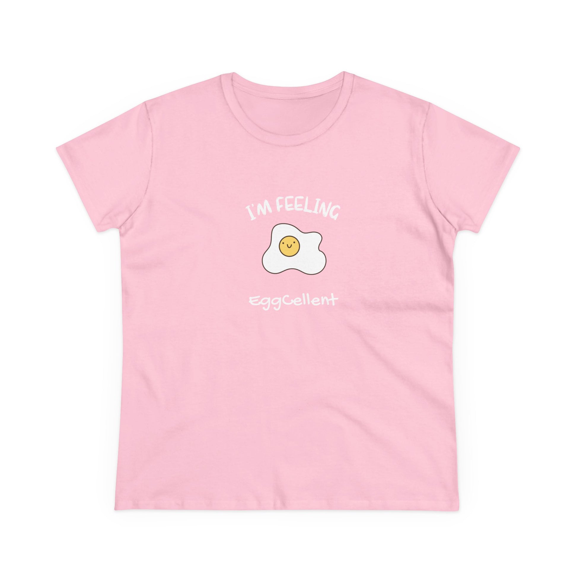 Pink Printify T-shirt with happy fried egg graphic and I'm feeling eggcellent pun tee text