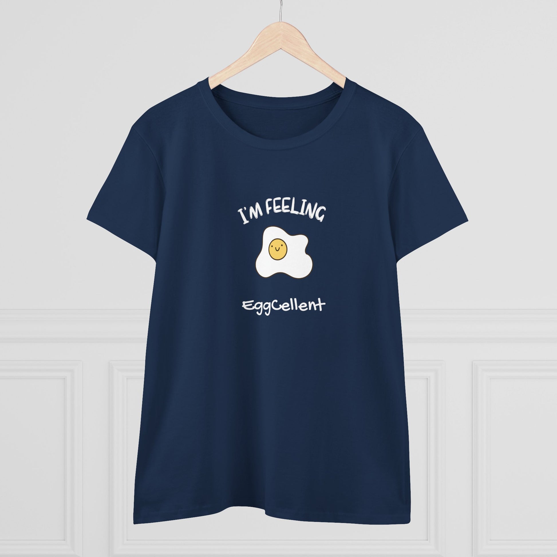 Navy blue Printify T-shirt with cute fried egg graphic and text I’m feeling eggcellent pun tee