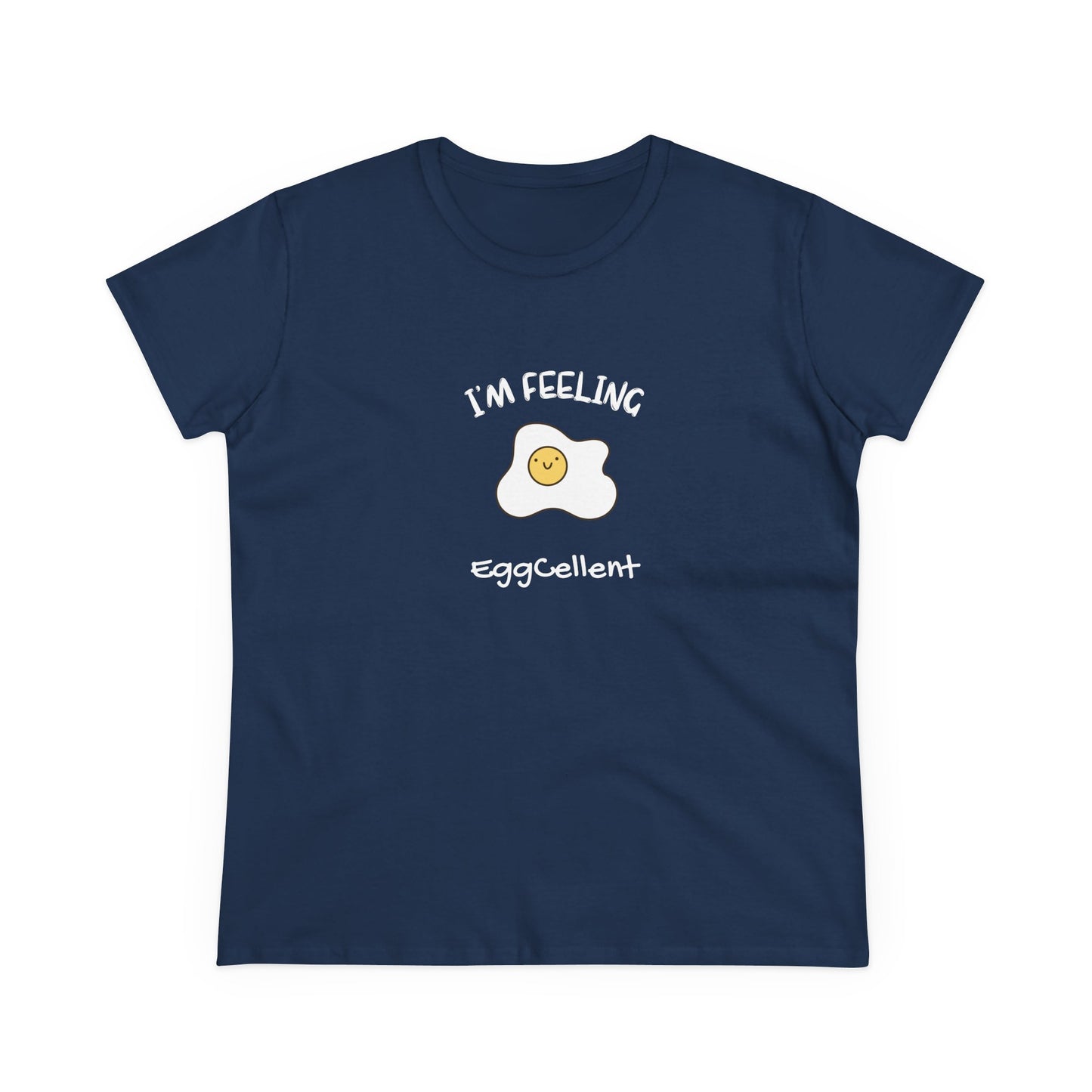 Navy blue Printify eggcellent pun tee with smiling fried egg graphic and cute text