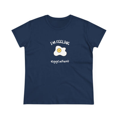 Navy blue Printify eggcellent pun tee with smiling fried egg graphic and cute text