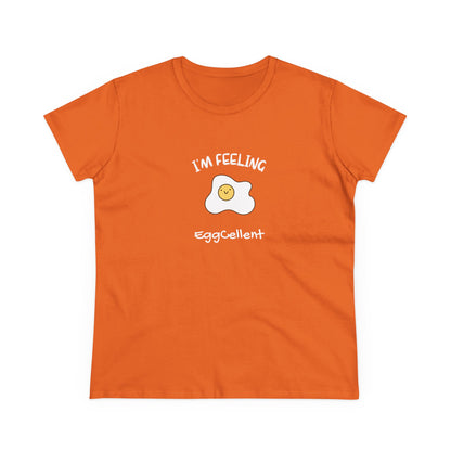 Orange Printify t-shirt with cute fried egg graphic and I'm feeling eggcellent pun tee text
