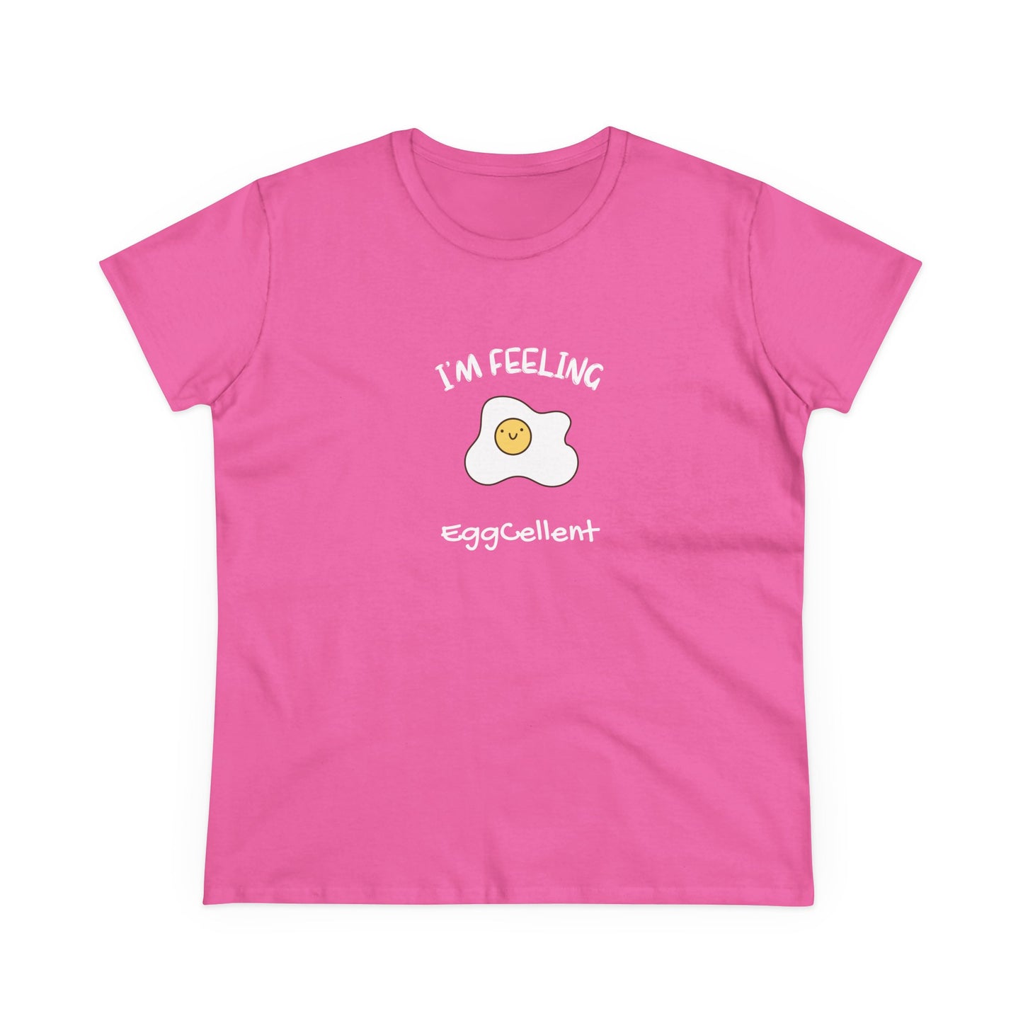 Pink Printify T-Shirt with smiling egg design and I'm feeling eggcellent pun tee text