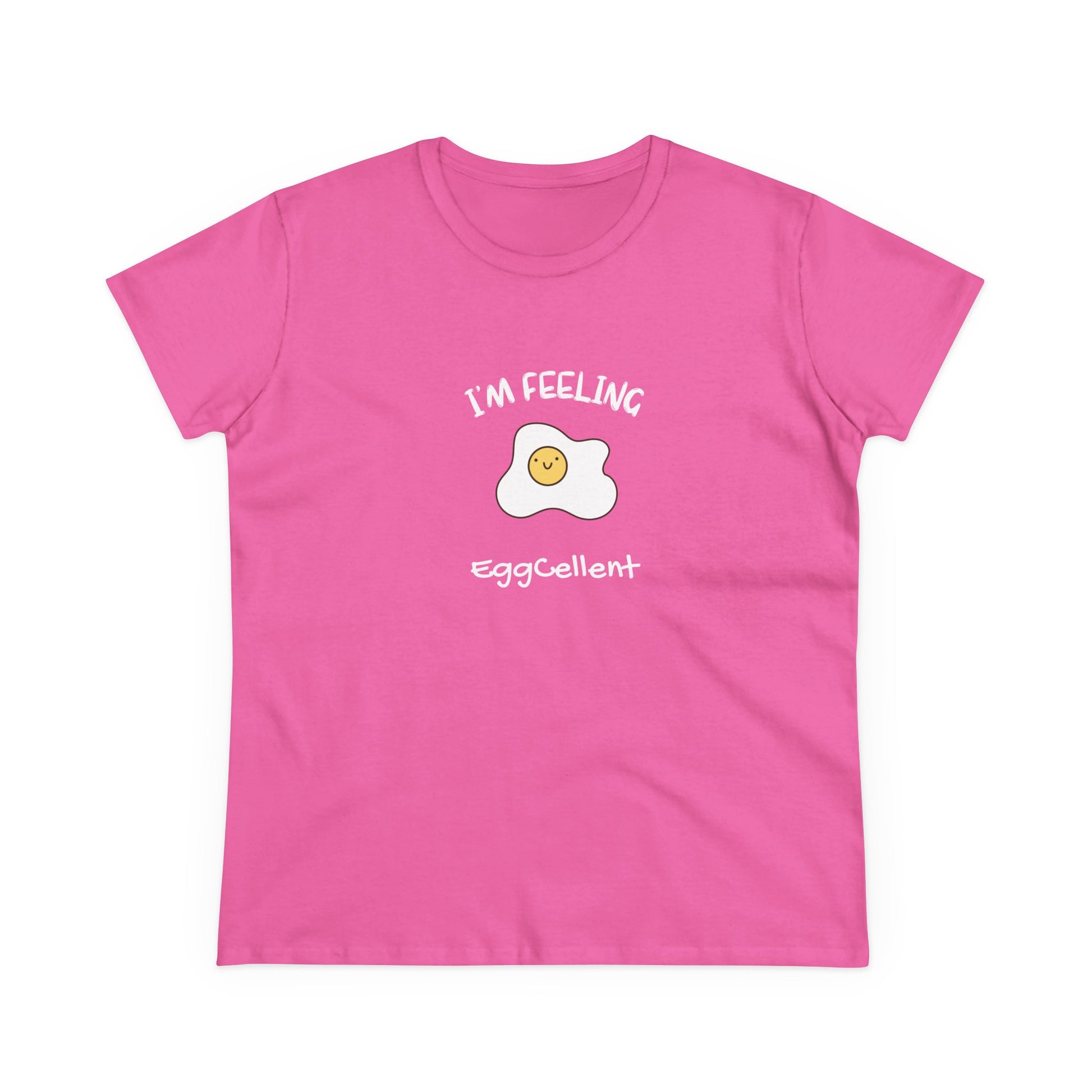 Pink Printify T-Shirt with smiling egg design and I'm feeling eggcellent pun tee text