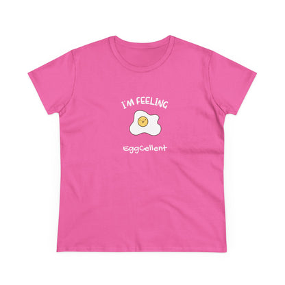 Pink Printify T-Shirt with smiling egg design and I'm feeling eggcellent pun tee text