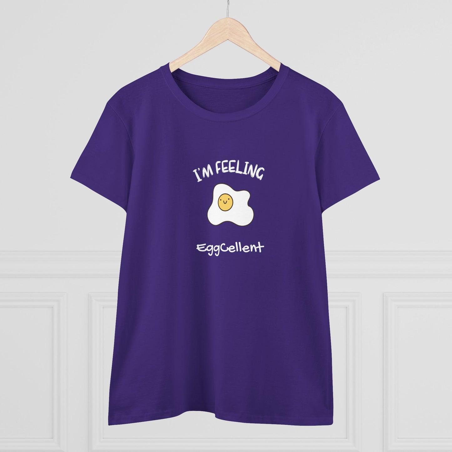 Purple Printify T-Shirt with I'm Feeling Eggcellent pun tee featuring a smiling fried egg graphic