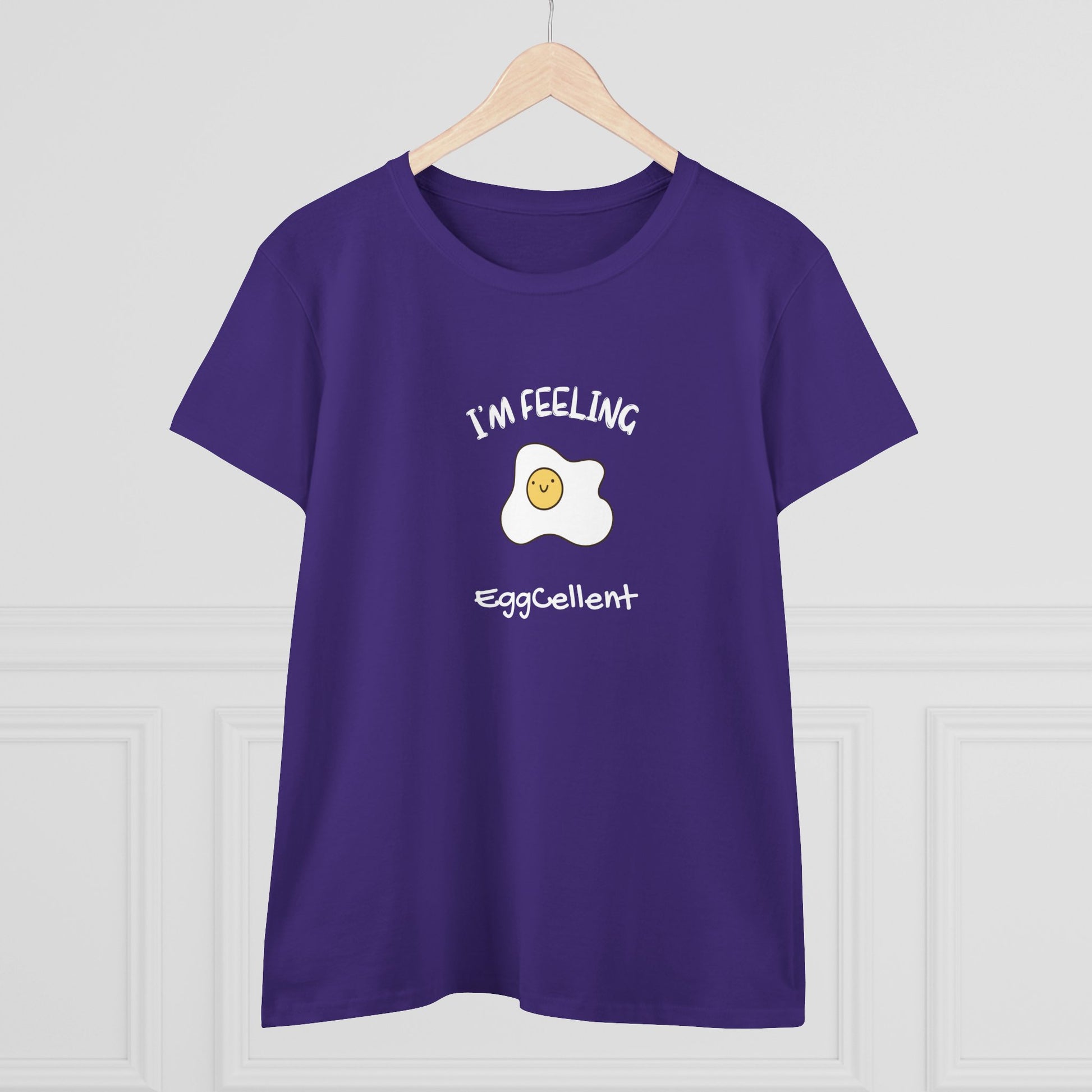 Purple Printify T-Shirt with I'm Feeling Eggcellent pun tee featuring a smiling fried egg graphic