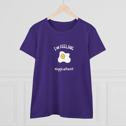 Purple Printify T-Shirt with I'm Feeling Eggcellent pun tee featuring a smiling fried egg graphic