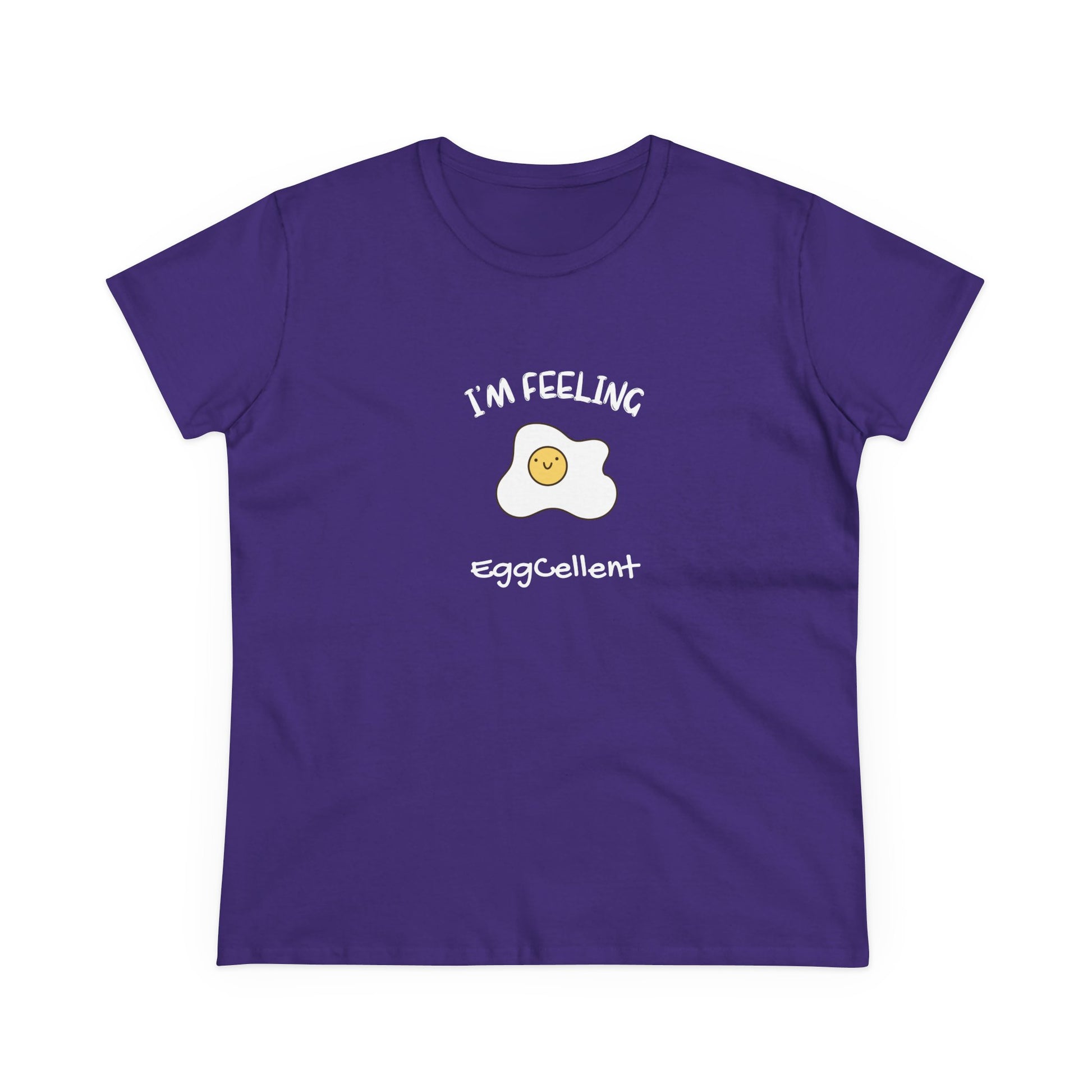 Purple Printify T-shirt with a fried egg graphic and text I'm feeling eggcellent pun tee