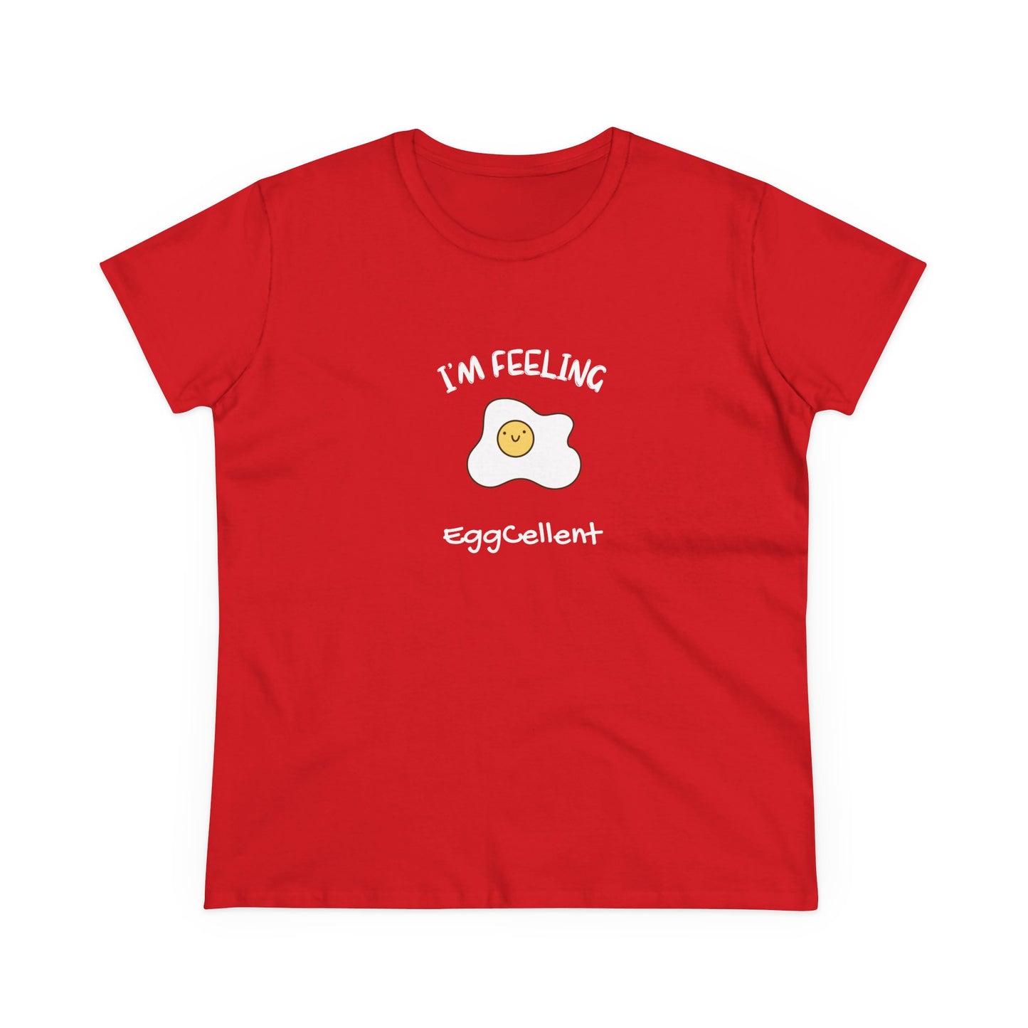 Red Printify T-shirt with smiling fried egg graphic and I'm feeling eggcellent pun tee text