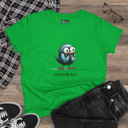 Green Printify T-shirt featuring a cartoon emotional bird with the text emotional bird tee