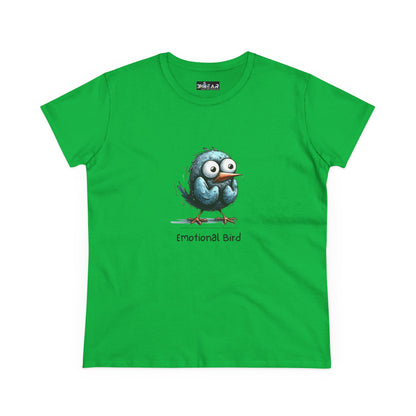 Green Printify t-shirt featuring an emotional bird tee graphic with a cute anxious blue bird