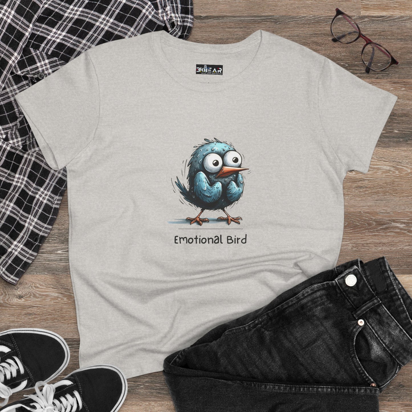 Printify gray emotional bird tee featuring a cartoon blue bird with large eyes on front