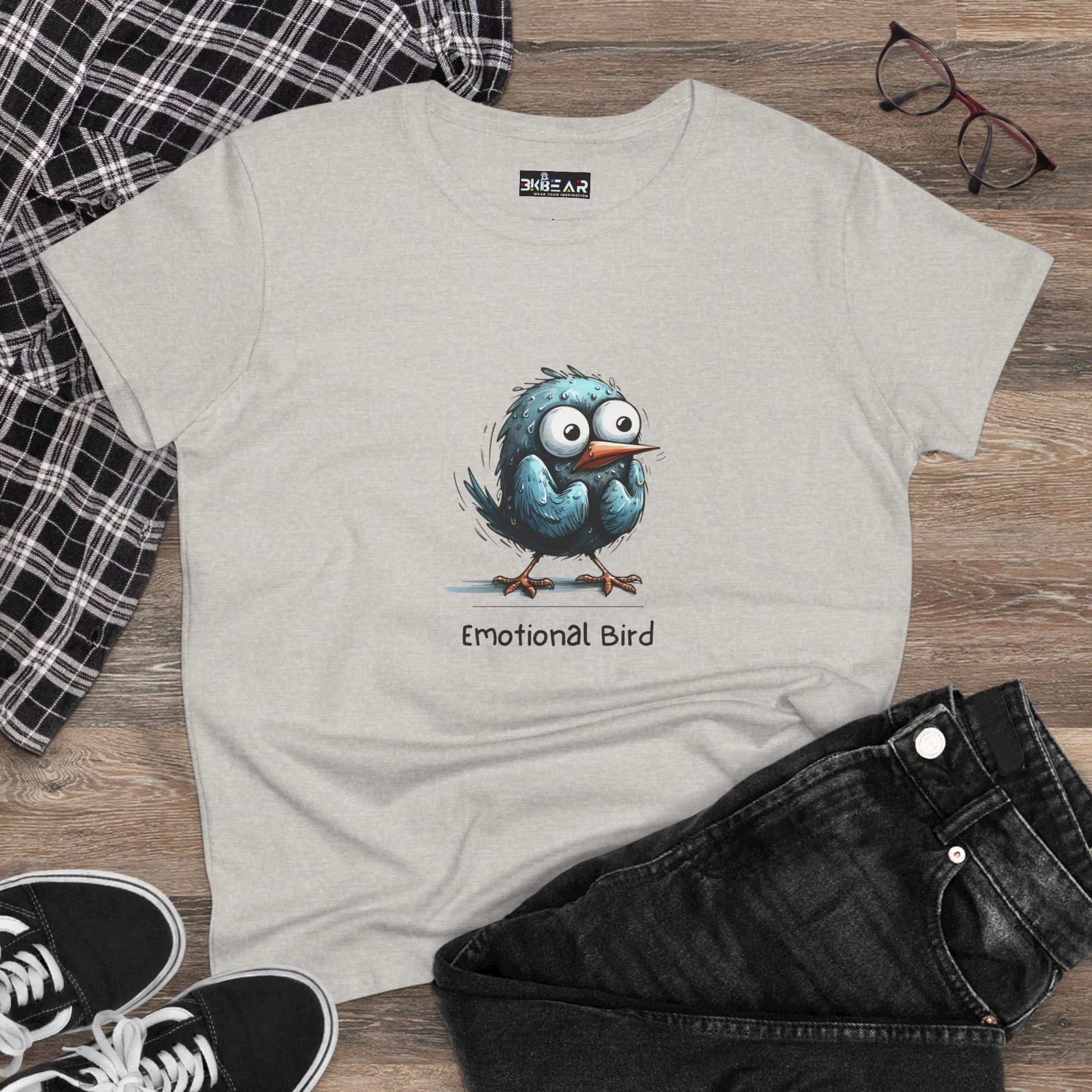 Printify gray emotional bird tee featuring a cartoon blue bird with large eyes on front