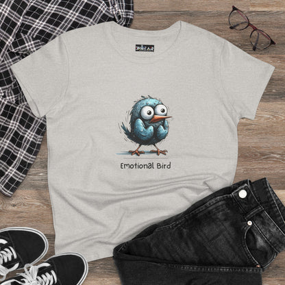 Printify gray emotional bird tee featuring a cartoon blue bird with large eyes on front